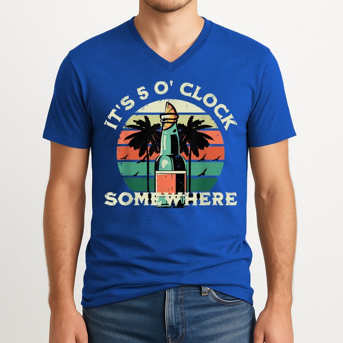 It's 5 O’clock Somewhere Summer Retro Sunset Drinking V-Neck T-Shirt