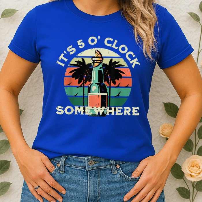 It's 5 O’clock Somewhere Summer Retro Sunset Drinking Womens T-Shirt