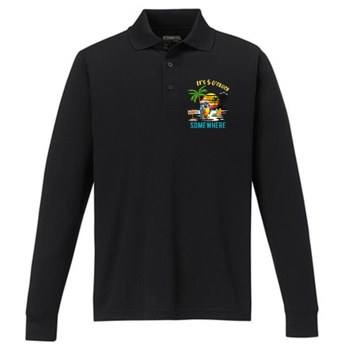 ItS 5 O’Clock Somewhere Parrot Sunset Drinking Performance Long Sleeve Polo