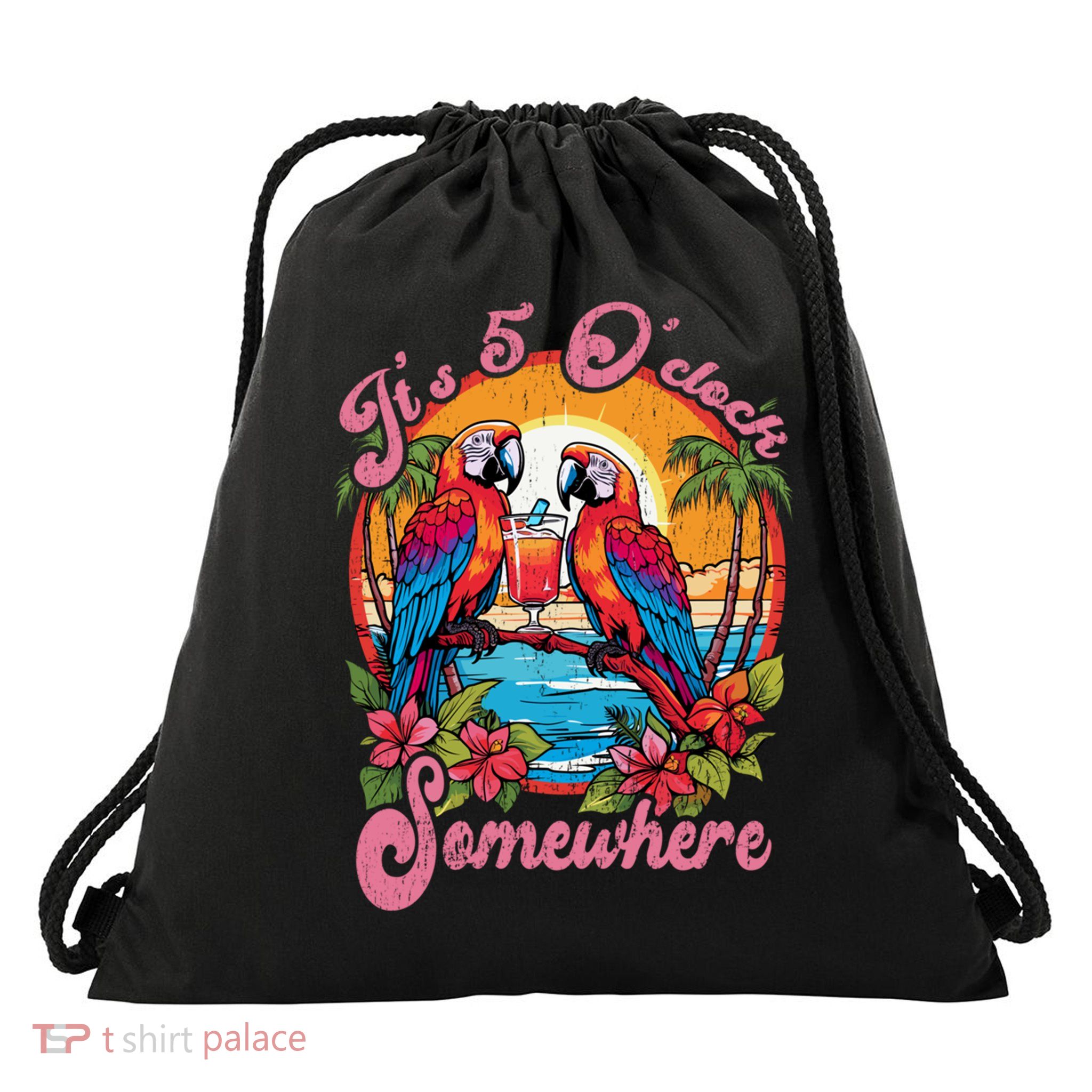 It's 5 O'clock Somewhere Parrot Sunset Ing Summer Retro Great Gift Drawstring Bag