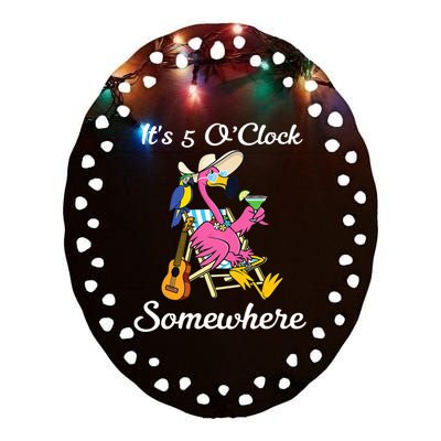 ItS 5 OClock Somewhere Flamingo Beach Vacation Drinking Ceramic Oval Ornament