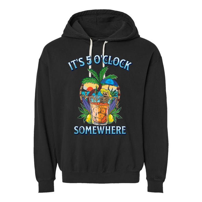 It's 5 O’clock Somewhere Summer Retro Sunset Drinking Garment-Dyed Fleece Hoodie