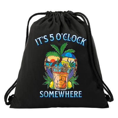 It's 5 O’clock Somewhere Summer Retro Sunset Drinking Drawstring Bag