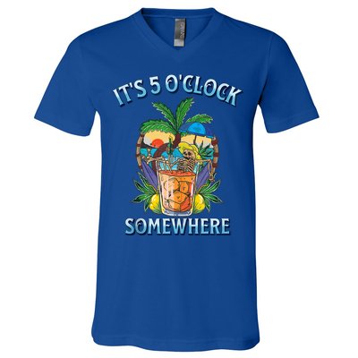 It's 5 O’clock Somewhere Summer Retro Sunset Drinking V-Neck T-Shirt