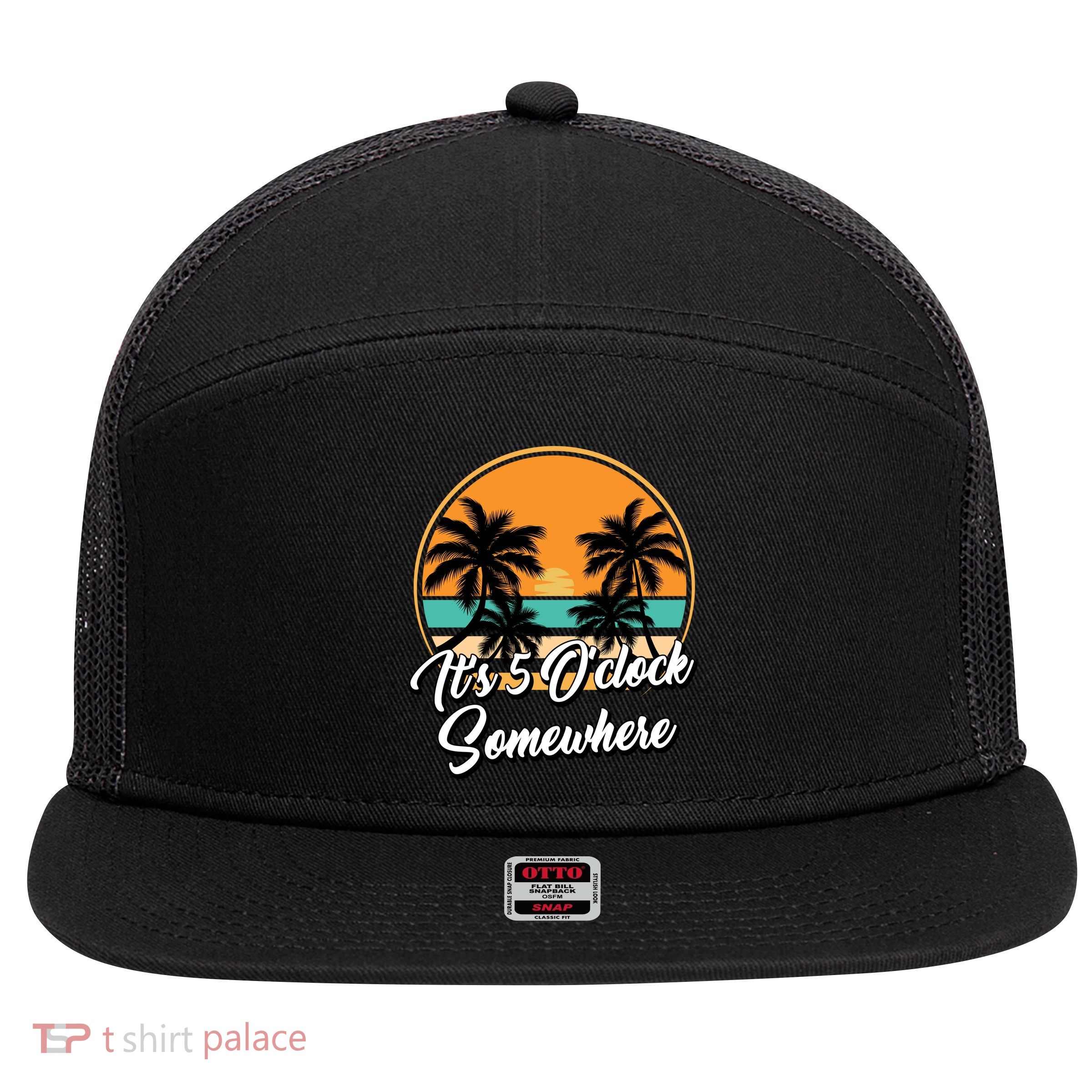 Its 5 O Clock Somewhere Funny Vacation 7 Panel Mesh Trucker Snapback Hat
