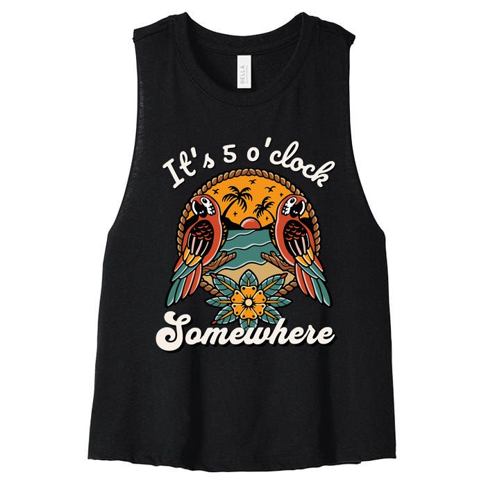 ItS 5 O’Clock Somewhere Parrot Summer Beach Sunset Drinking Women's Racerback Cropped Tank