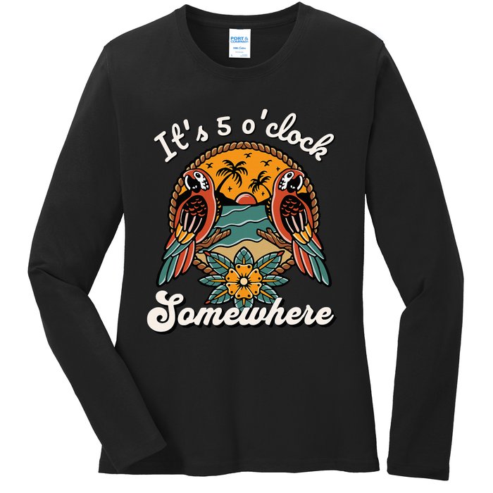 ItS 5 O’Clock Somewhere Parrot Summer Beach Sunset Drinking Ladies Long Sleeve Shirt