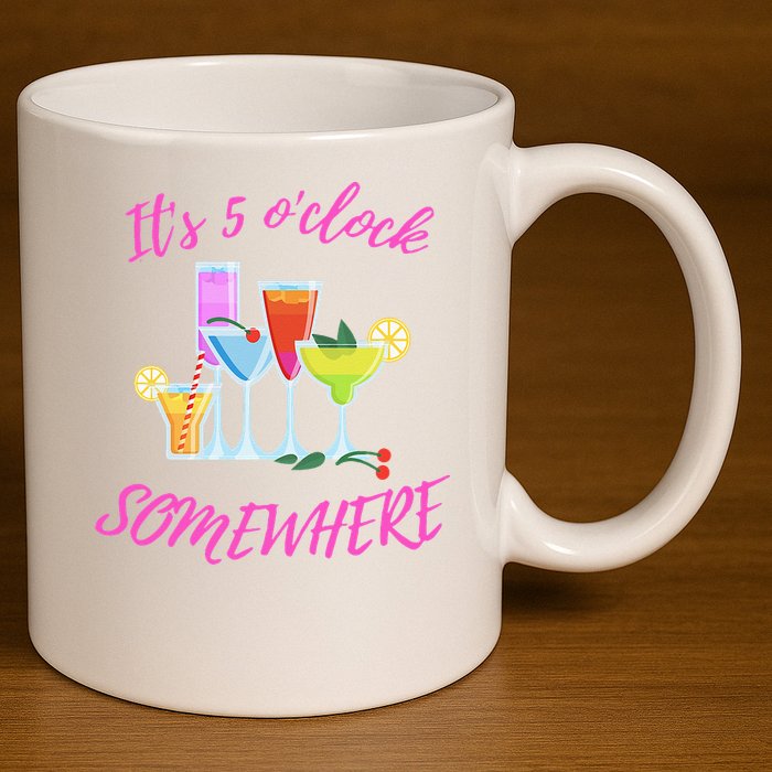 Its 5 O’clock Somewhere Hello Summer Beach Lover Summertime 11oz C Handle Ceramic Mug