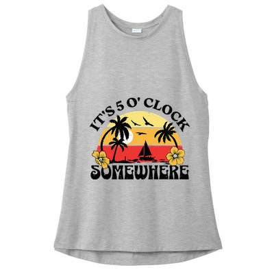 Its 5 O’clock Somewhere Summer Retro Sunset Drinking Ladies PosiCharge Tri-Blend Wicking Tank