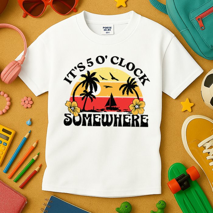 Its 5 O’clock Somewhere Summer Retro Sunset Drinking Kids T-Shirt