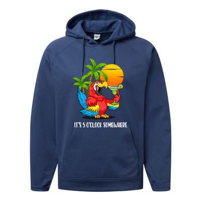 Its 5 Oclock Somewhere Parrot Beach Vacation Happy Performance Fleece Hoodie