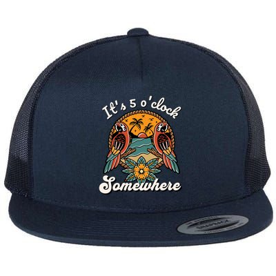 Its 5 O’clock Somewhere Parrot Summer Beach Sunset Drinking Flat Bill Trucker Hat