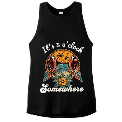 Its 5 O’clock Somewhere Parrot Summer Beach Sunset Drinking Ladies PosiCharge Tri-Blend Wicking Tank
