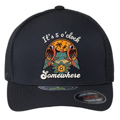Its 5 O’clock Somewhere Parrot Summer Beach Sunset Drinking Flexfit Unipanel Trucker Cap