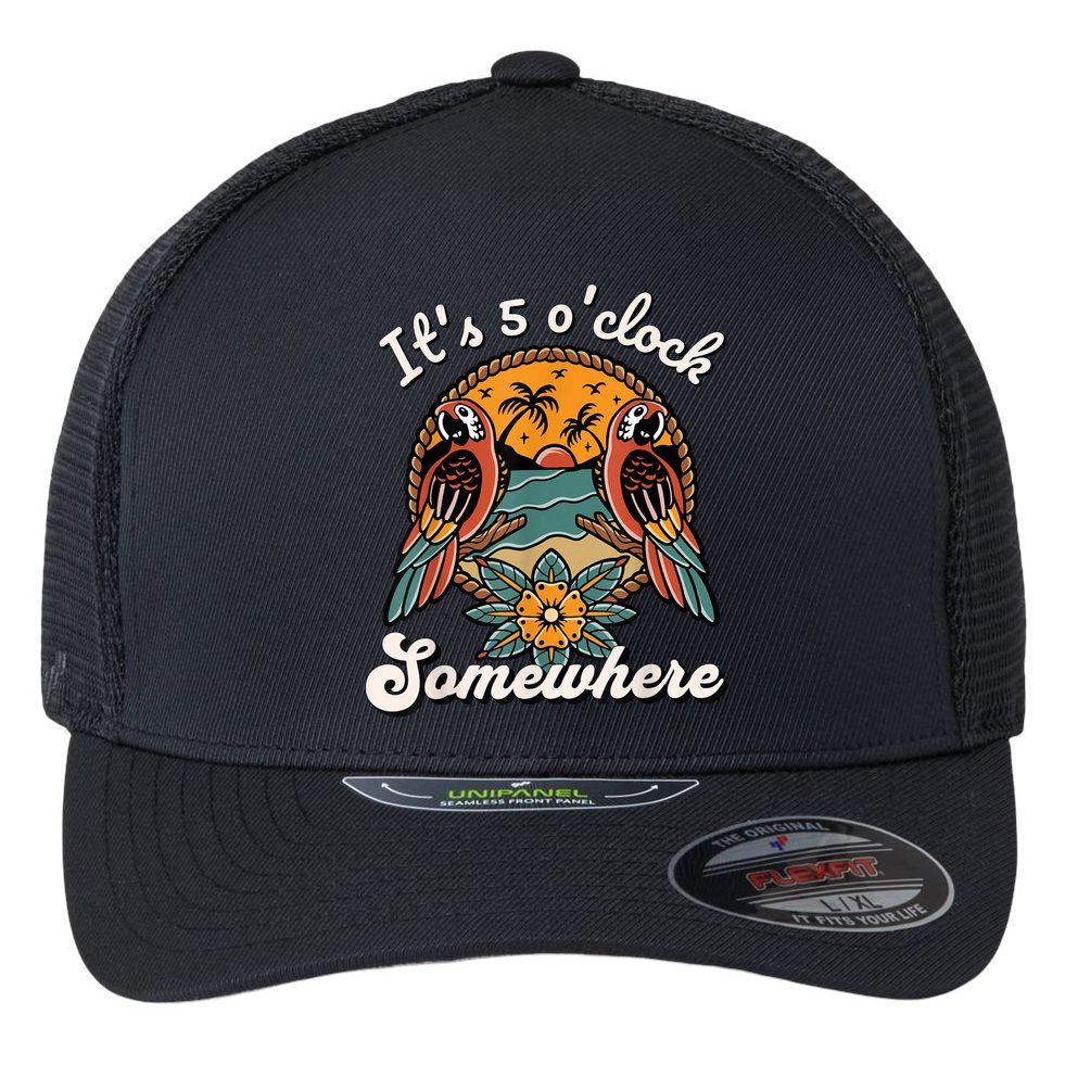 Its 5 O’clock Somewhere Parrot Summer Beach Sunset Drinking Flexfit Unipanel Trucker Cap
