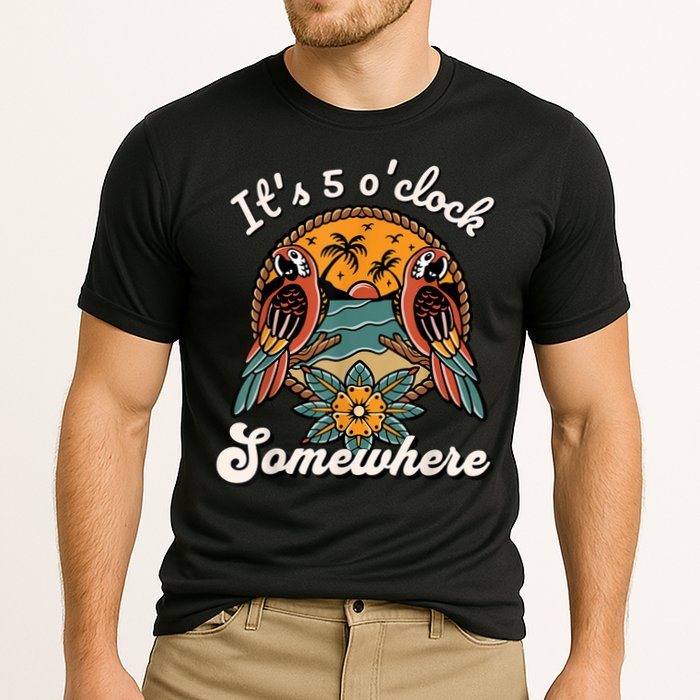 Its 5 O’clock Somewhere Parrot Summer Beach Sunset Drinking Cooling Performance Crew T-Shirt