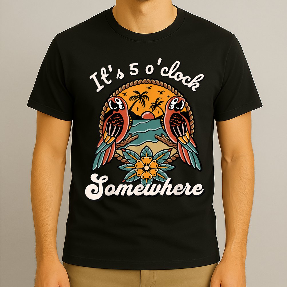 Its 5 O’clock Somewhere Parrot Summer Beach Sunset Drinking T-Shirt