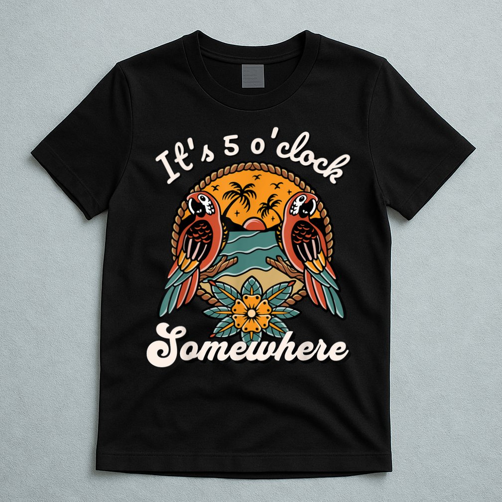 Its 5 O’clock Somewhere Parrot Summer Beach Sunset Drinking T-Shirt