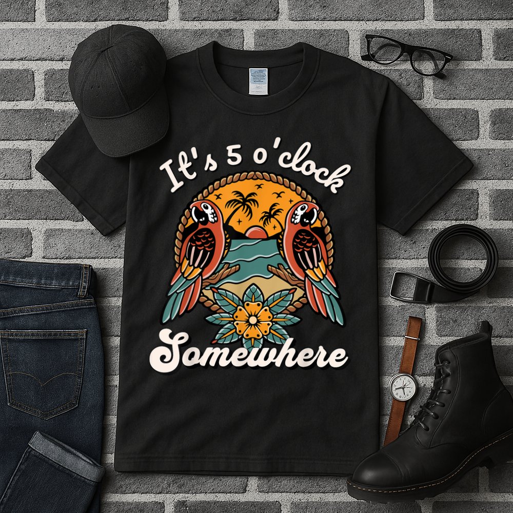 Its 5 O’clock Somewhere Parrot Summer Beach Sunset Drinking Tall T-Shirt