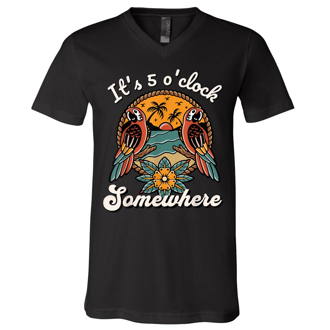 Its 5 O’clock Somewhere Parrot Summer Beach Sunset Drinking V-Neck T-Shirt