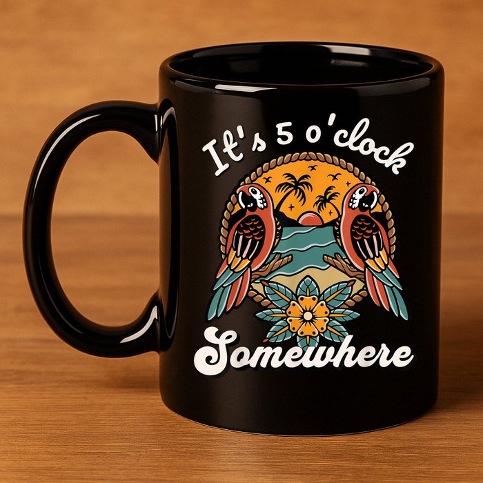 Its 5 O’clock Somewhere Parrot Summer Beach Sunset Drinking 11oz C Handle Ceramic Mug