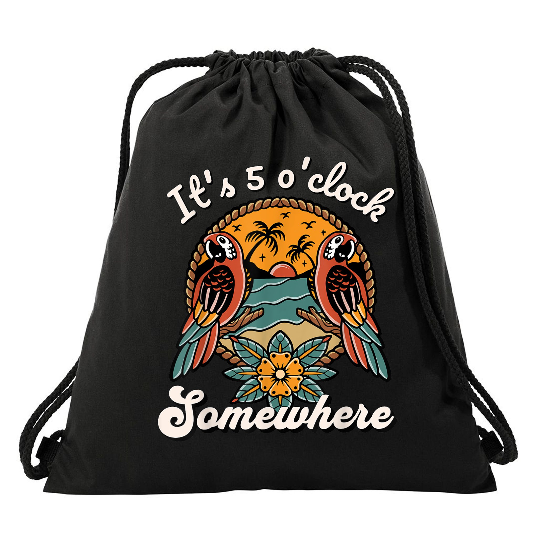 Its 5 O’clock Somewhere Parrot Summer Beach Sunset Drinking Drawstring Bag