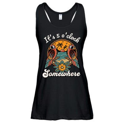 Its 5 O’clock Somewhere Parrot Summer Beach Sunset Drinking Ladies Essential Flowy Tank