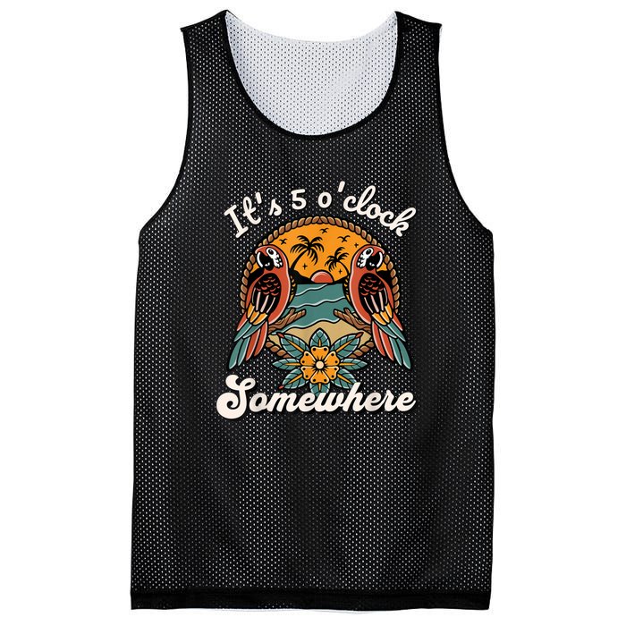 Its 5 O’clock Somewhere Parrot Summer Beach Sunset Drinking Mesh Reversible Basketball Jersey Tank