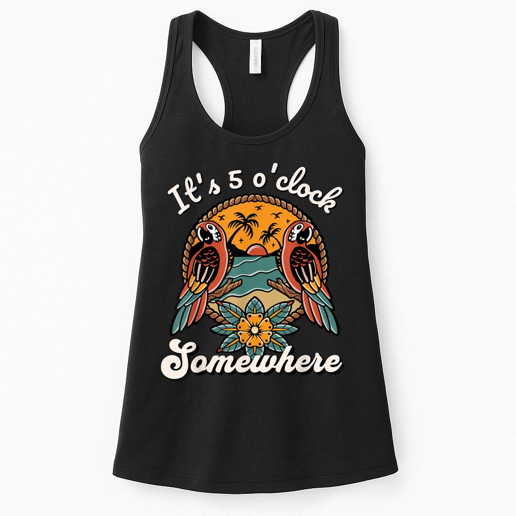 Its 5 O’clock Somewhere Parrot Summer Beach Sunset Drinking Womens Tank Top