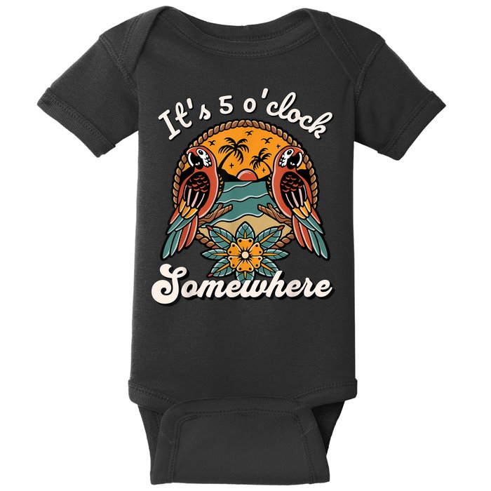 Its 5 O’clock Somewhere Parrot Summer Beach Sunset Drinking Baby Bodysuit