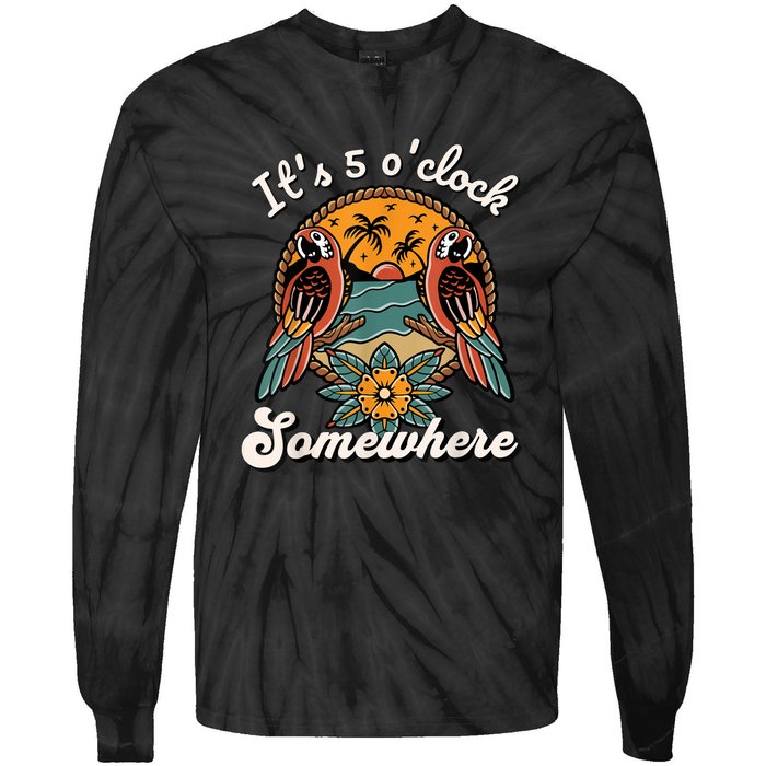 Its 5 O’clock Somewhere Parrot Summer Beach Sunset Drinking Tie-Dye Long Sleeve Shirt