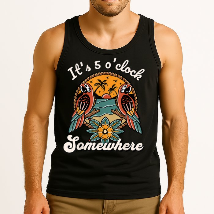 Its 5 O’clock Somewhere Parrot Summer Beach Sunset Drinking Tank Top