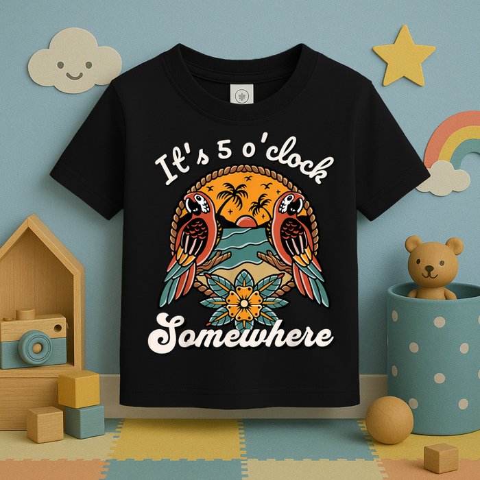 Its 5 O’clock Somewhere Parrot Summer Beach Sunset Drinking Toddler T-Shirt