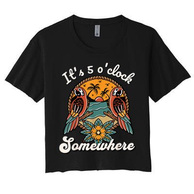 Its 5 O’clock Somewhere Parrot Summer Beach Sunset Drinking Crop Top