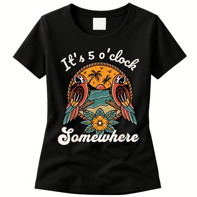 Its 5 O’clock Somewhere Parrot Summer Beach Sunset Drinking Womens T-Shirt