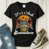 Its 5 O’clock Somewhere Parrot Summer Beach Sunset Drinking Womens T-Shirt