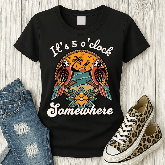 Its 5 O’clock Somewhere Parrot Summer Beach Sunset Drinking Womens T-Shirt