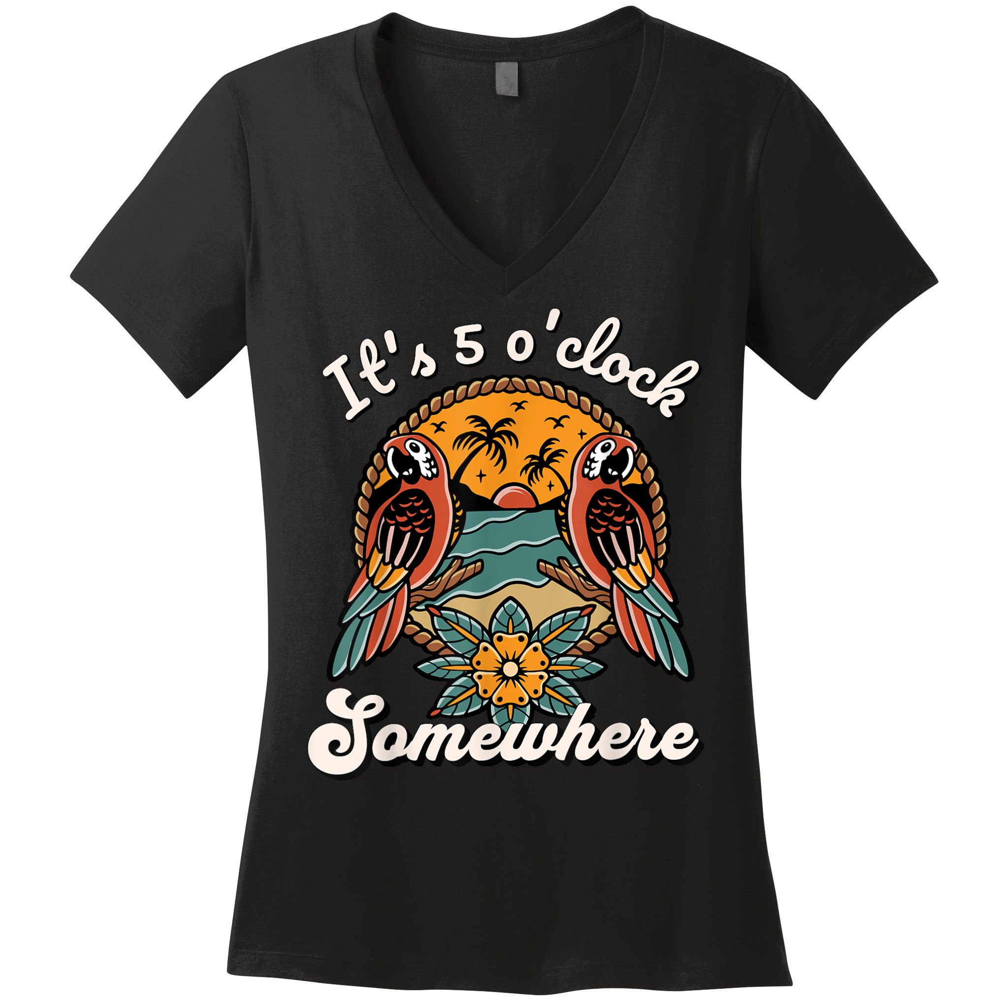 Its 5 O’clock Somewhere Parrot Summer Beach Sunset Drinking Women's V-Neck T-Shirt