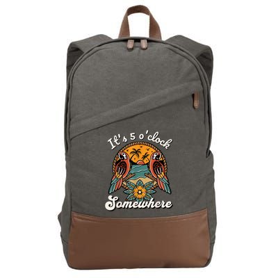Its 5 O’clock Somewhere Parrot Summer Beach Sunset Drinking Cotton Canvas Backpack