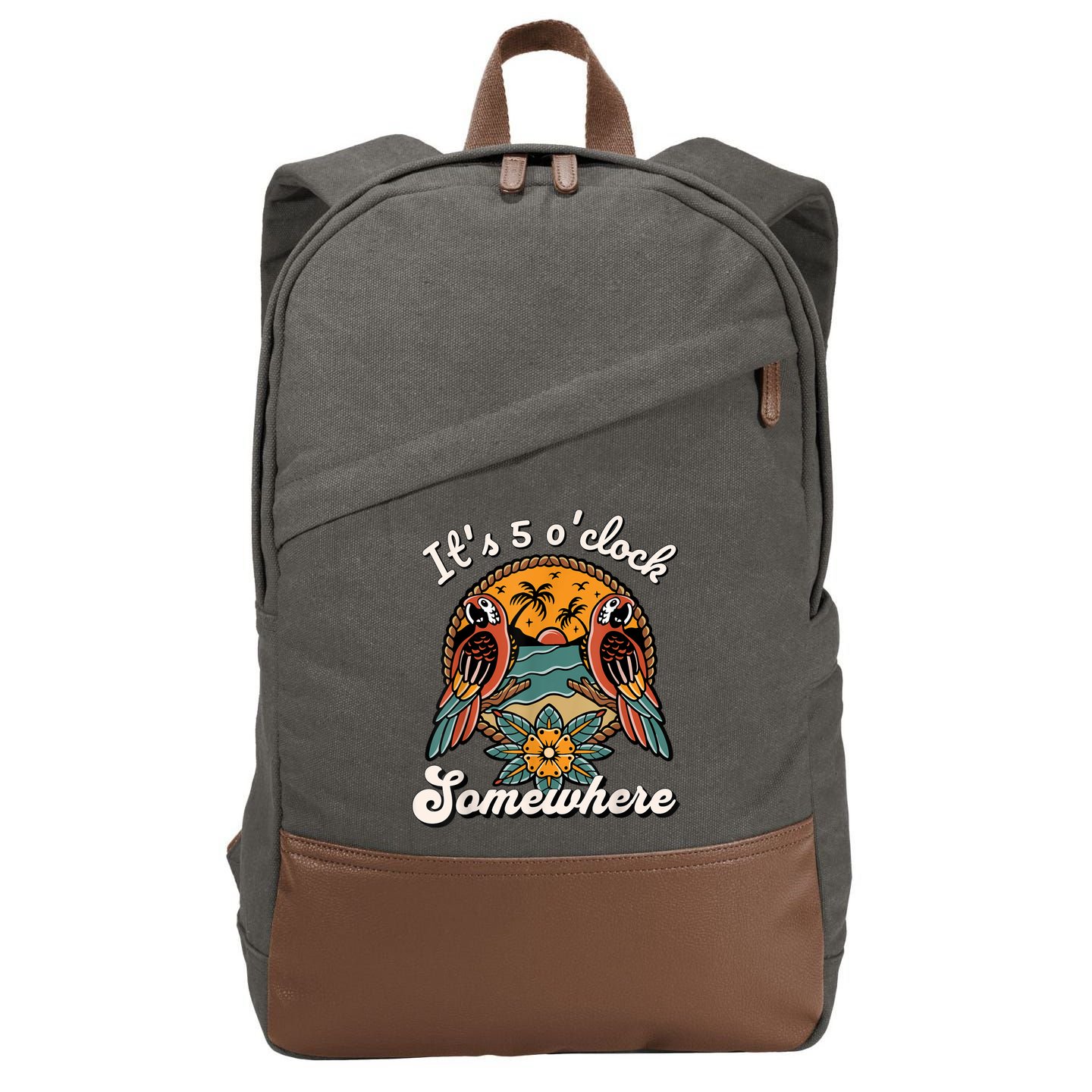 Its 5 O’clock Somewhere Parrot Summer Beach Sunset Drinking Cotton Canvas Backpack