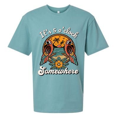 Its 5 O’clock Somewhere Parrot Summer Beach Sunset Drinking Sueded Cloud Jersey T-Shirt