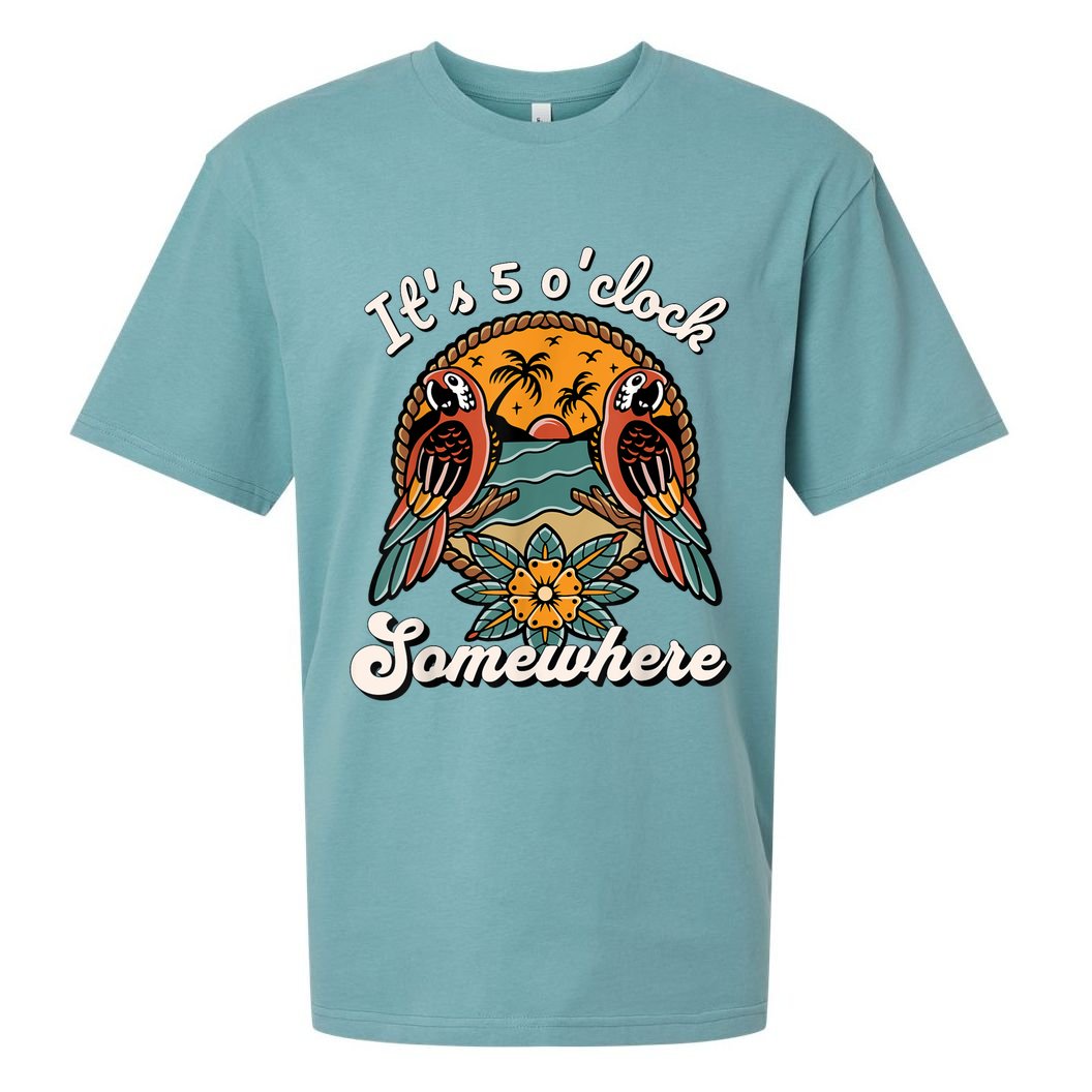 Its 5 O’clock Somewhere Parrot Summer Beach Sunset Drinking Sueded Cloud Jersey T-Shirt