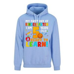 Im 5 Ready To Learn My First Day Of School Kindergarten Unisex Surf Hoodie