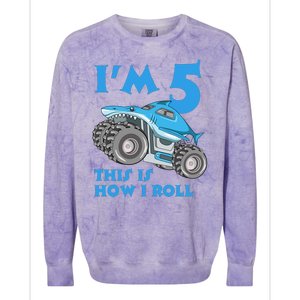 I'm 5 This Is How I Roll Shark Monster Truck 5th Birthday Colorblast Crewneck Sweatshirt