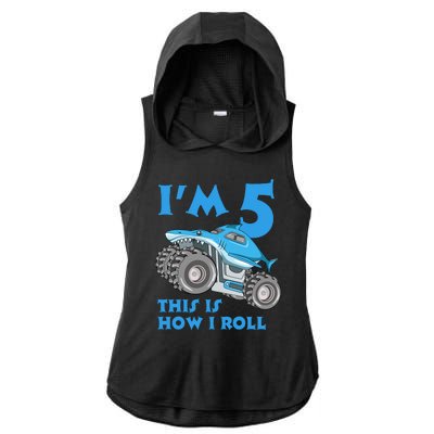 I'm 5 This Is How I Roll Shark Monster Truck 5th Birthday Ladies PosiCharge Tri-Blend Wicking Draft Hoodie Tank