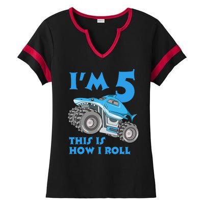 I'm 5 This Is How I Roll Shark Monster Truck 5th Birthday Ladies Halftime Notch Neck Tee