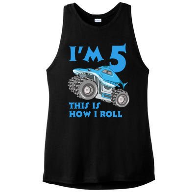 I'm 5 This Is How I Roll Shark Monster Truck 5th Birthday Ladies PosiCharge Tri-Blend Wicking Tank