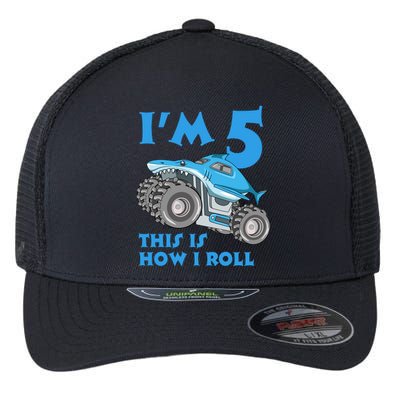 I'm 5 This Is How I Roll Shark Monster Truck 5th Birthday Flexfit Unipanel Trucker Cap