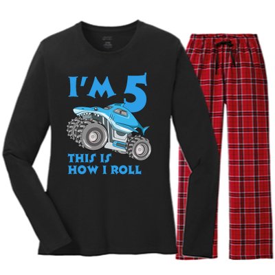 I'm 5 This Is How I Roll Shark Monster Truck 5th Birthday Women's Long Sleeve Flannel Pajama Set 