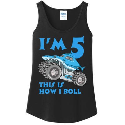 I'm 5 This Is How I Roll Shark Monster Truck 5th Birthday Ladies Essential Tank